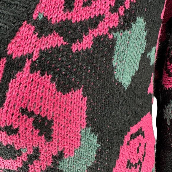 LuLaRoe Torrie Sweater Womens L Black Acrylic LS Pink Green Floral Print V-Neck - Picture 2 of 10